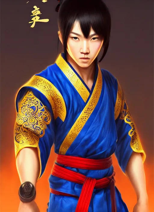 Image similar to male martial artist!! manchu chinese hairstyle!!!! asian facial features and blue eyes!! intricate ornate blue robes!! character concept art, sharp focus, octane render! unreal engine 5! highly rendered!! trending on artstation!! detailed linework!! illustration by artgerm, wlop, and chie yoshii