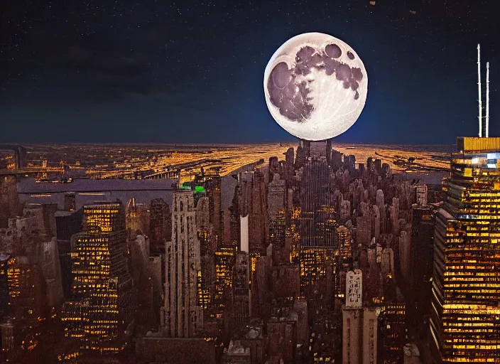 Image similar to film still of the moon breaking into pieces over manhatten in the new disaster movie, 8 k, night time