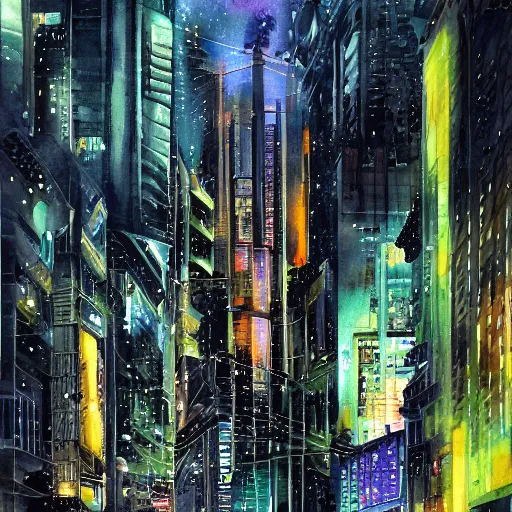 Image similar to futuristic Sci-fi cyberpunk city at night in the rain. Watercolour