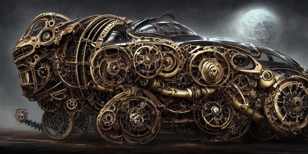 Image similar to biomechanical steampunk vehicle reminiscent of fast sportscar with robotic parts and (glowing) headlights parked in ancient lush palace, gothic and baroque, brutalist architecture, ultradetailed, creepy ambiance, fog, artgerm, giger, Intricate by Ellen Jewett and Josan Gonzalez and Giuseppe Arcimboldo