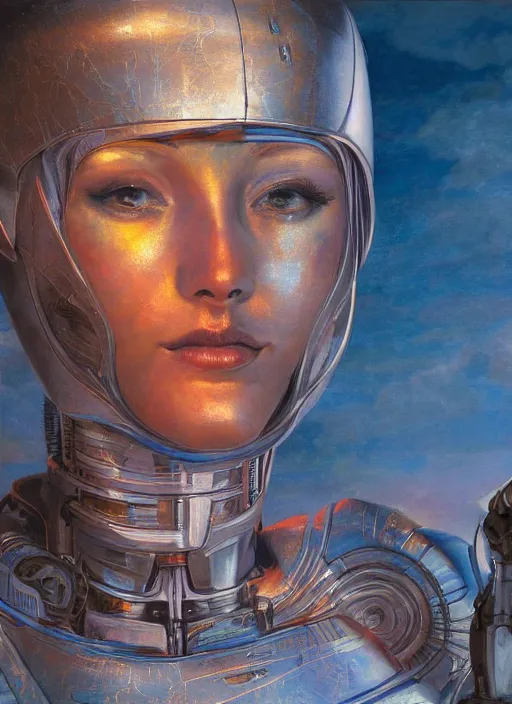 Image similar to biblical shy beautiful female mage android robot, deep gaze to the side, closeup, bright glowing veins, in clouds, sunset, portrait, by gerald brom, by mikhail vrubel, by peter elson, muted colors, extreme detail, reflections, trending on artstation, 8 k