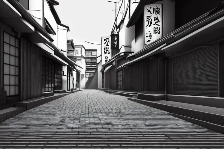 Image similar to still photo of a japanese street, black and white color aesthetic, highly detailed, photorealistic portrait, bright studio setting, studio lighting, crisp quality and light reflections, unreal engine 5 quality render