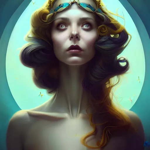 Prompt: in the style of joshua middleton, peter mohrbacher, artgerm, tom bagshaw, gorgeous stella maeve magician, realistic character concept, bird's eye overhead shot, elegant pose, spooky, illustration, symmetrical face and body, volumetric lighting, detailed realistic symmetrical eyes, 8 k, single face, insanely detailed and intricate elegant, autumn leaves