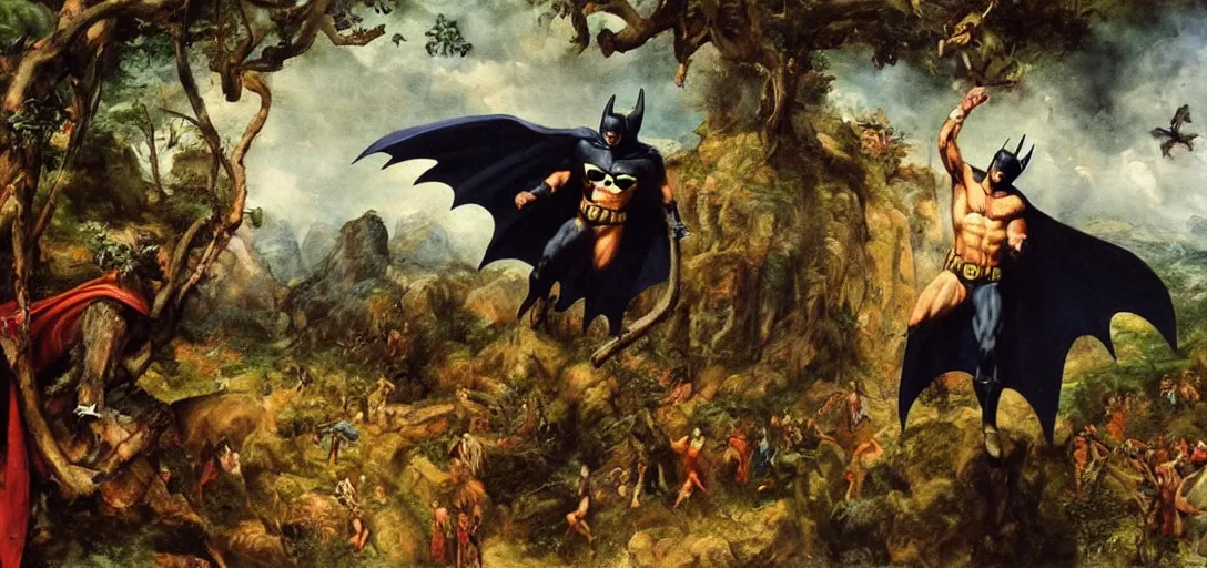 Prompt: batman entering the garden of eden, detailed oil painting by jan matejko