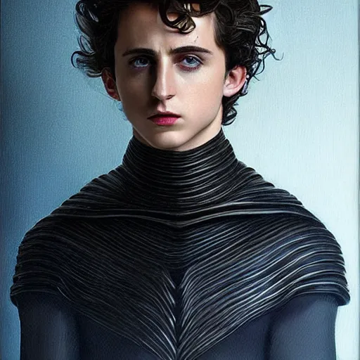 Image similar to realistic paul atreides emperor of the known universe, perfect dramatic and dark portrait by rabbitary b, trending on artstation, deviantart, dune, low angle oil painting and composition laws, dark foggy background, timothee chalamet but he is older, man with thin lines on the face, medium - long curly brown hair, completely blue eyes, denis villeneuve cinematography