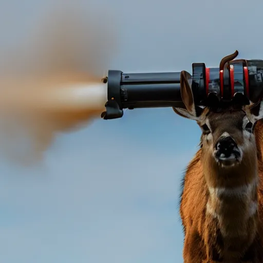 Image similar to a rocket launcher deer animal beast, huge, powerful, scary, anger, rage, canon eos c 3 0 0, ƒ 1. 8, 3 5 mm