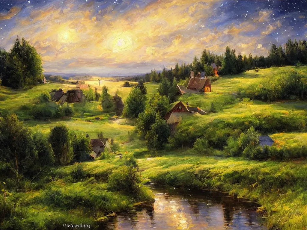 Prompt: A starry night in the swedish countryside, painting by Vladimir Volegov