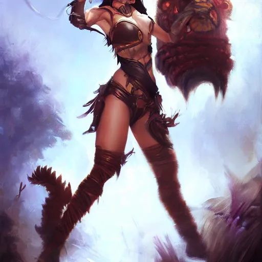 Image similar to nidalee from league of legends, paint by Raymond Swanland