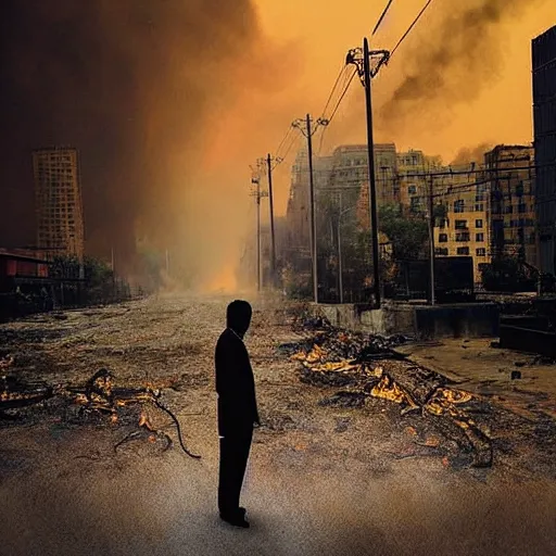 Image similar to the city is burning and fire is everywhere just a man was standing alone crying while world is getting destroyed detailed picture