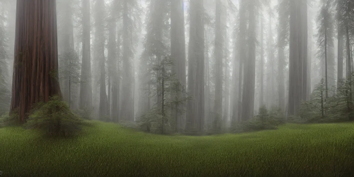 Prompt: Douglas Fir and Redwood forest in northern california, ground scattered with woodsorrel, horsetails, fairybells and other minor shrub plants, misty, foggy air. Trending on Artstation, deviantart, worth1000. By Greg Rutkowski. National Geographic and iNaturalist HD photographs