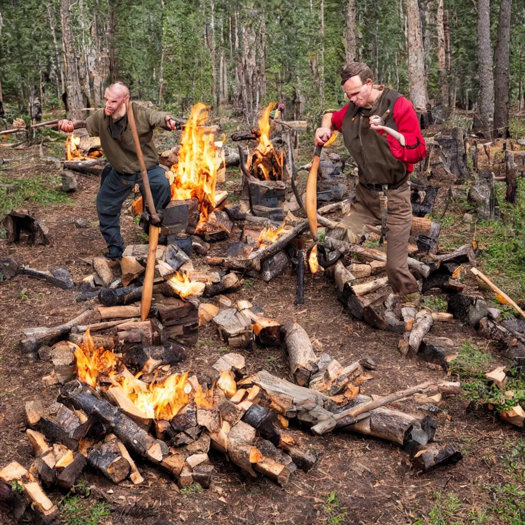 Prompt: disney's goofy cutting and splitting firewood with tomahawk in finnish forest