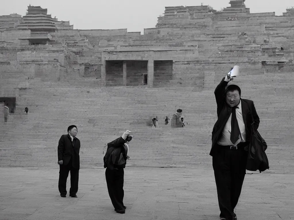 Prompt: ' the center of the world'( ai weiwei dropping a han dynasty urn black and white photograph ) was filmed in beijing in april 2 0 1 3 depicting a white collar office worker. a man in his early thirties - the first single - child - generation in china. representing a new image of an idealized urban successful booming china.