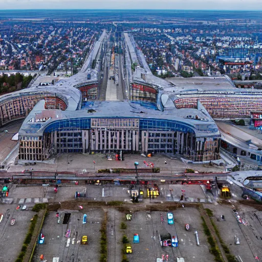 Prompt: Aerial photo of a Minsk city after apocalypse, Minsk Railway station, ultra detailed, High resolution, 4k, nuclear war, alien invasion