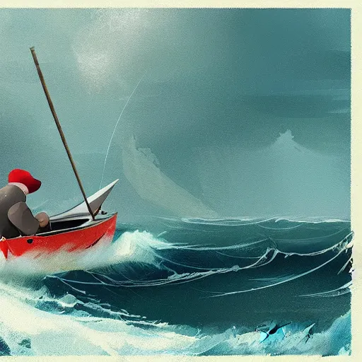 Image similar to Some fishermen struggling not to sink in a small sailboat in the middle of the furious raging ocean, ilustration art by Goro Fujita, concept art, smooth, sharp focus, illustration, ArtStation