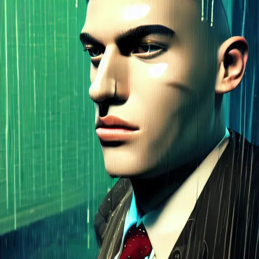 Image similar to stylish man cartoon portrait made out of rain, pinstripe suit, cyberpunk background, rendered in octane, unreal engine, highly detailed, trending on artstation, realistic, neon, beautiful, volumetric lighting, depth of field