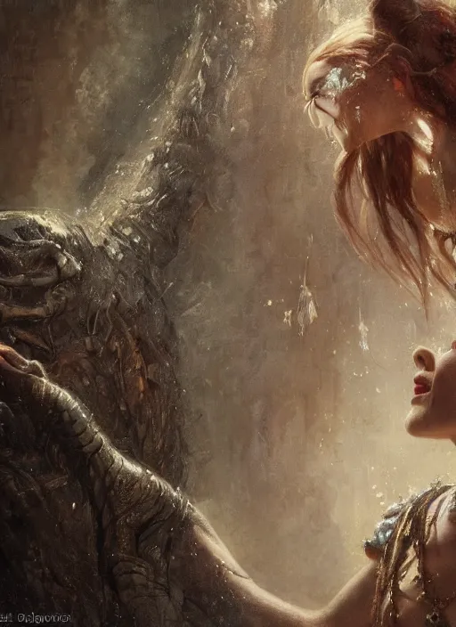 Image similar to mischievous emilia clarke, happy, detailed, by gaston bussiere, bayard wu, greg rutkowski, giger, maxim verehin, greg rutkowski, masterpiece, sharp focus, cinematic lightning