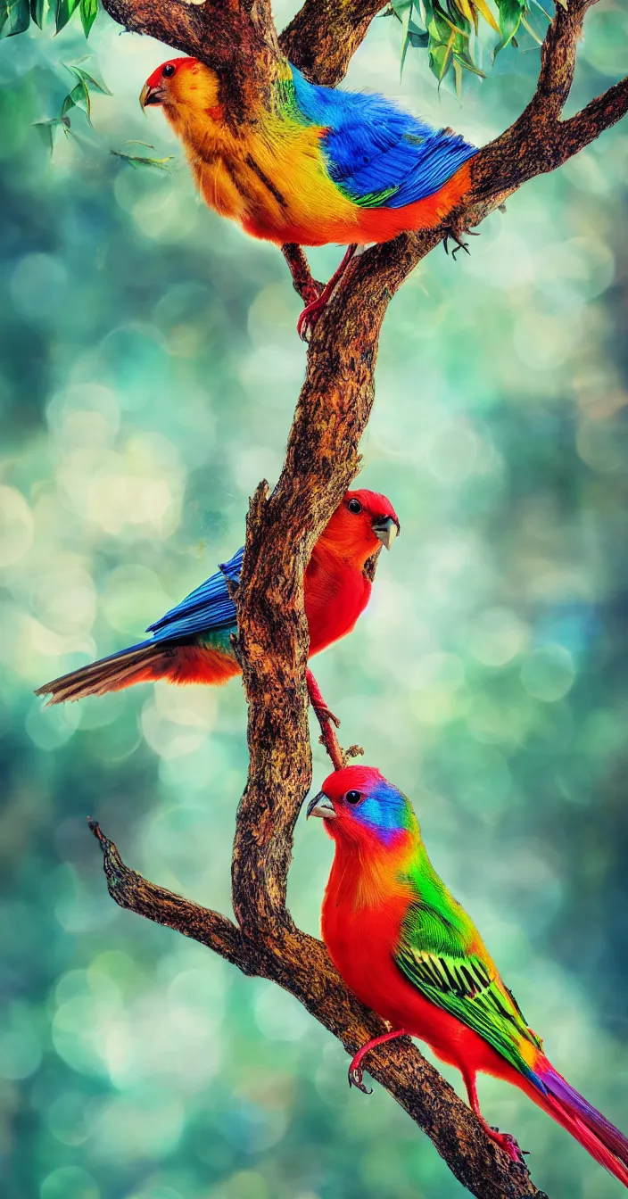 Prompt: realistic photo of multi colored bird sitting on tree, sharp focus, smooth background, cinematic lightening, wide angle shot, very hyper realistic, highly detailed, fantasy art station