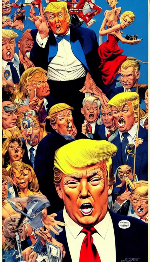 Prompt: donald trump as a villain. portrait by clyde caldwell and jean giraud and anton otto fischer and john philip falter and will eisner and gil elvgren