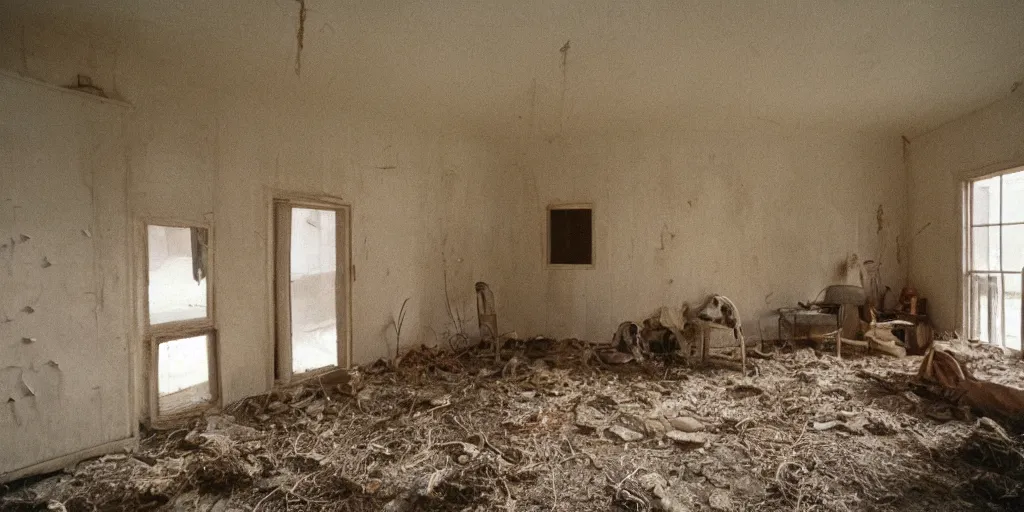 Prompt: interior of a house built on nothing, eerie vibe, leica, 2 4 mm lens, cinematic screenshot from the 2 0 0 1 surrealist film directed by charlie kaufman, kodak color film stock, f / 2 2, 2 4 mm wide angle anamorphic