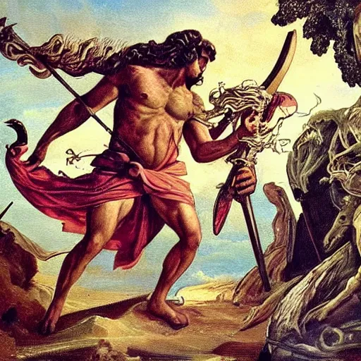 Prompt: The painting depicts the mythical hero Hercules in the moments after he has completed one of his twelve labors, the killing of the Hydra. Hercules is shown standing over the dead Hydra, his body covered in blood and his right hand still clutching the sword that slew the beast. His face is expressionless, betraying neither the exhaustion nor the triumph that must surely accompany such a feat. 1910s, dark orange by Émile Bernard, by John Singer Sargent random