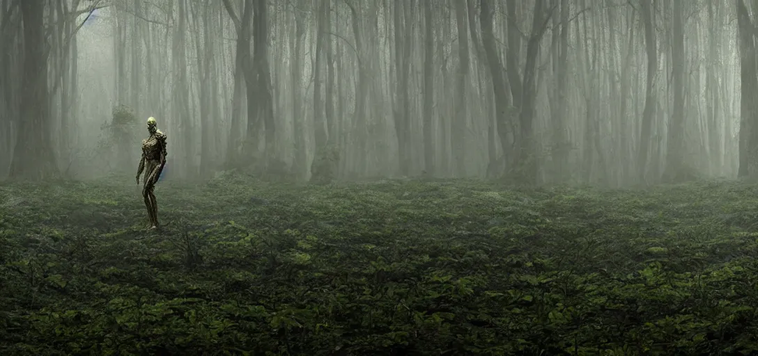 Image similar to a complex organic fractal 3 d metallic symbiotic ceramic humanoid megastructure creature in a swampy lush forest, foggy, cinematic shot, photo still from movie by denis villeneuve