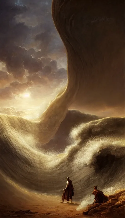 Image similar to a glowing magical portal inside a big wave made of sand fantasy desert, portal, a man watching over, lightning, arabia, by caspar david friedrich by james gillard and justin gerard, artstation, smooth, sharp focus, by jean baptiste, bernardo bellotto