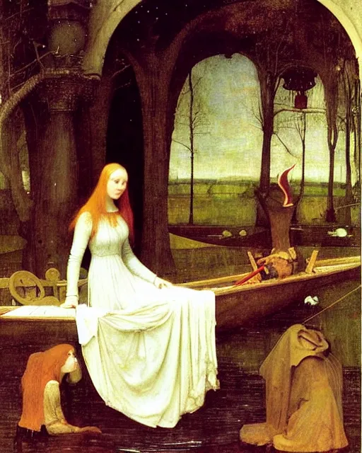 Image similar to The Lady Of Shalott by John William Waterhouse painting by Hieronymus Bosch