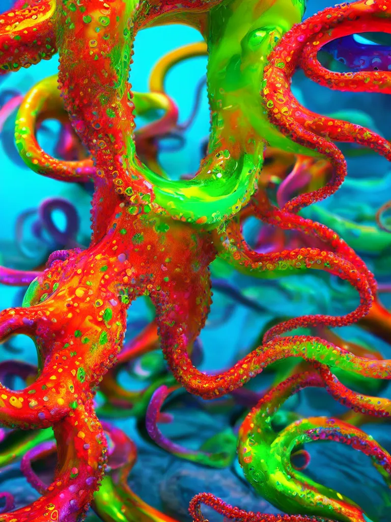 Image similar to colorful liquid octopus tentacles, beeple, octane render, subsurface scattering, hyper realism