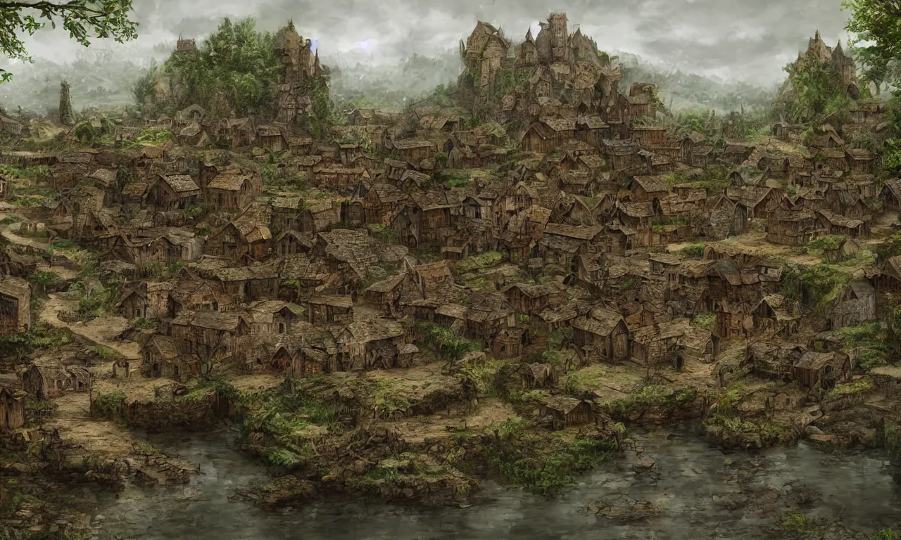 Image similar to a medieval village, palisade, swamp, digital art, illustration, fantasy