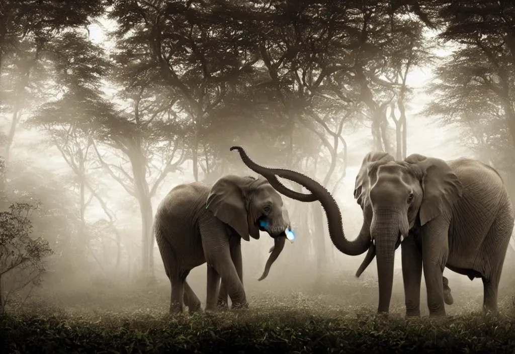 Prompt: an elephant king, his trunk is a tentacle from an octopus, in a jungle with ominous light from above, ambient light, fog, river