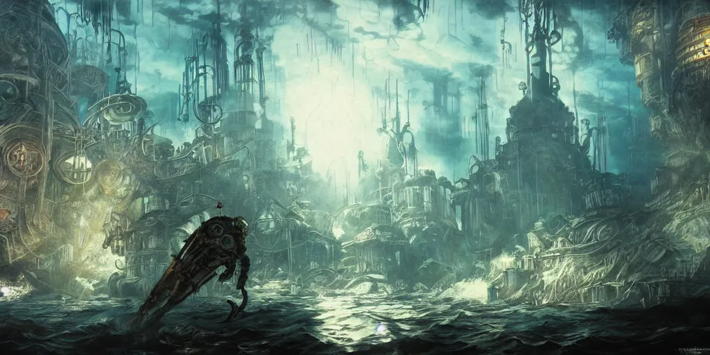 Image similar to concept art of a underwater city, bioshock style, rapture, dark atmosphere, hanafuda oil on canvas by ivan shishkin, james jean and yoji shinkawa