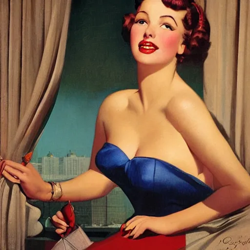 Prompt: woman, city, by gil elvgren, olivia berardinis