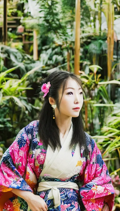 Image similar to photograph of a beautiful Japanese woman wearing a pretty kimono in a tropical greenhouse, by Annie Leibowiz, extremely detailed, large format camera, Fuji Provia, bokeh, photorealistic, trending on artstation, trending on instagram