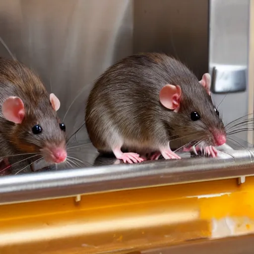 Prompt: rats run around in a fast food restaurant kitchen