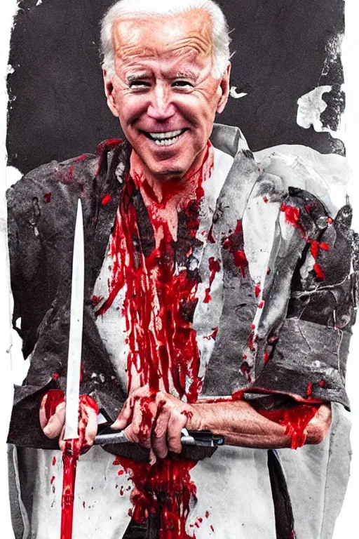 Image similar to Joe Biden with tattered samurai clothes dripping blood holding a katana, dynamic pose, full body portrait, photograph