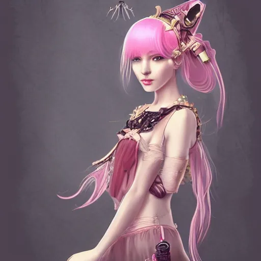 Prompt: a pink hair girl dressed with inspirations from steampunk style, high detailed, digital art, trending on artstation, devianart, cgsociety