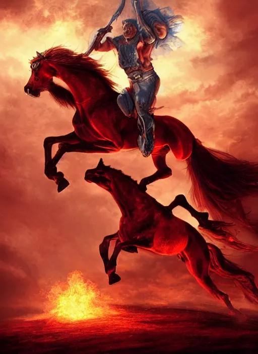 Image similar to the first horseman of the apocalypse riding a strong big red stallion, horse is running, the rider carries a large sword, flames from the ground, artwork by artgerm and rutkowski, breathtaking, dramatic, full view