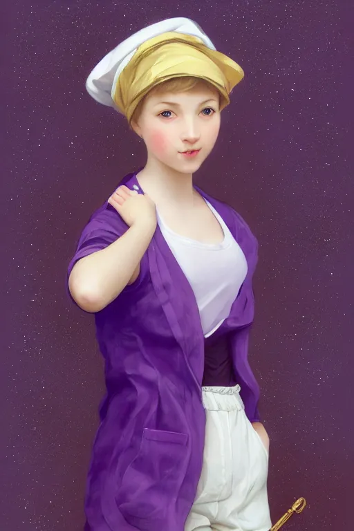 Image similar to Full View girl with short blond hair wearing an oversized purple Beret, Baggy Purple overall shorts, Short Puffy pants made of silk, silk shoes, a big billowy scarf, Golden Ribbon, and white leggings Covered in stars. Short Hair. masterpiece 4k digital illustration by Ruan Jia and Mandy Jurgens and Artgerm and william-adolphe bouguereau, award winning, Artstation, art nouveau aesthetic, Alphonse Mucha background, intricate details, realistic, panoramic view, Hyperdetailed, 8k resolution, intricate art nouveau