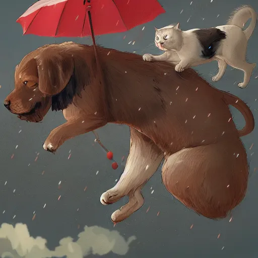 Image similar to giant cats and dogs are falling from the sky like rain, bystanders watching from the sides, 4 k, by miyazaki, monokubo, artstation,