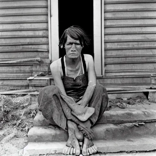 Image similar to Award winning Dorothea Lange photo, 1934, Great Depression. Woman sitting with crossed ankles on the steps of her house in the Kansas dustbowl. She stares off into the distance, resting her head on her hands. Americana, vintage, Pulitzer Prize.