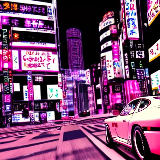 Image similar to vaporwave tokyo yakuza in suit driving in porche sports car driving at night city in background