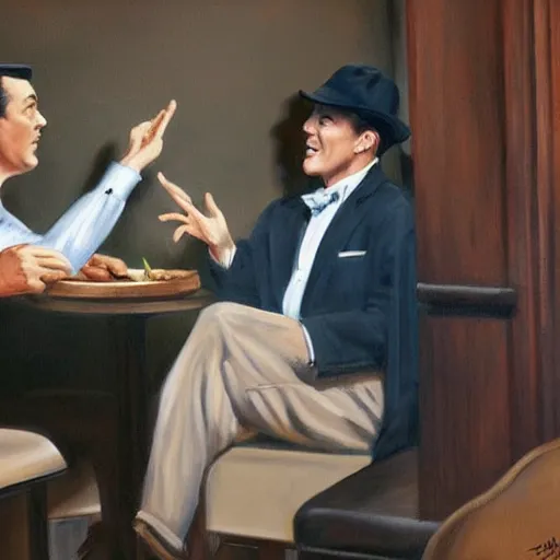Image similar to beautiful lifelike painting of gene kelly demanding a refund on undercooked overpriced dinosaur steak in downtown dive bar bistro, hyperreal detailed facial features and uv lighting, art by osamu sato