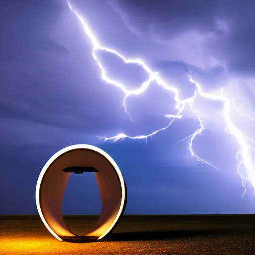 Image similar to futuristic flying car emerging from a circular portal made of lightning in the sky, thunderstorms at night, 8k 28mm cinematic photo