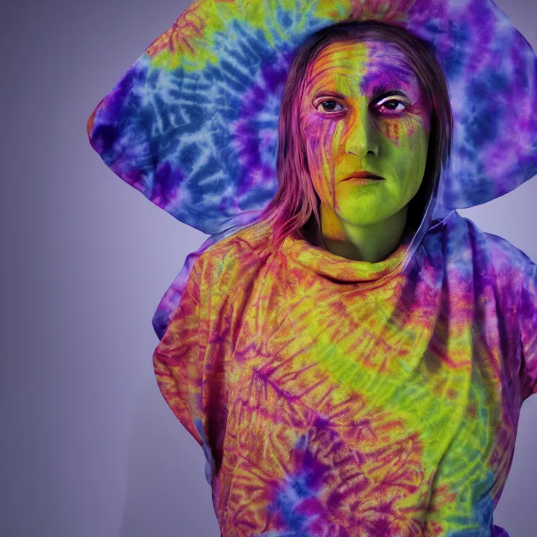 Prompt: octane render portrait by wayne barlow and carlo crivelli and glenn fabry, a woman wearing a skintight bright colorful tie - dye bedsheet costume, backlit, dramatic lighting, fog and mist, cinema 4 d, ray traced lighting, very short depth of field, bokeh
