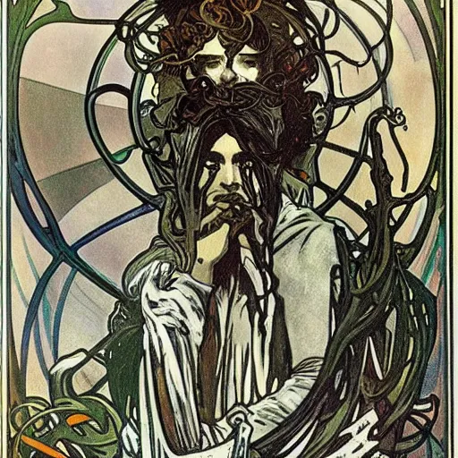 Image similar to lovecraftian protagonist by alphonse mucha