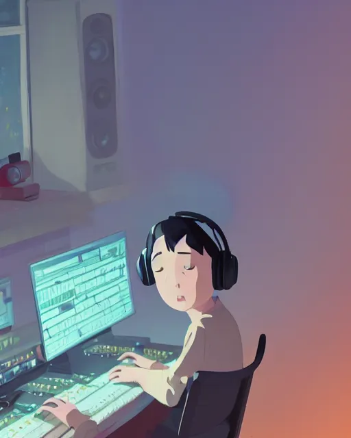 Image similar to producer making music late at night at his home studio with headphones, detailed, cory loftis, james gilleard, atey ghailan, makoto shinkai, goro fujita, studio ghibli, rim light, exquisite lighting, clear focus, very coherent, plain background, soft painting