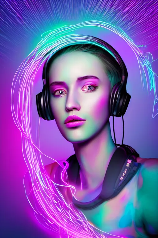 Prompt: a award winning half body portrait of a beautiful woman with stunning eyes in a croptop and cargo pants with ombre purple pink teal hairstyle dancing with headphones on her ears by thomas danthony, surrounded by whirling illuminated lines, outrun, vaporware, shaded flat illustration, digital art, trending on artstation, highly detailed, fine detail, intricate