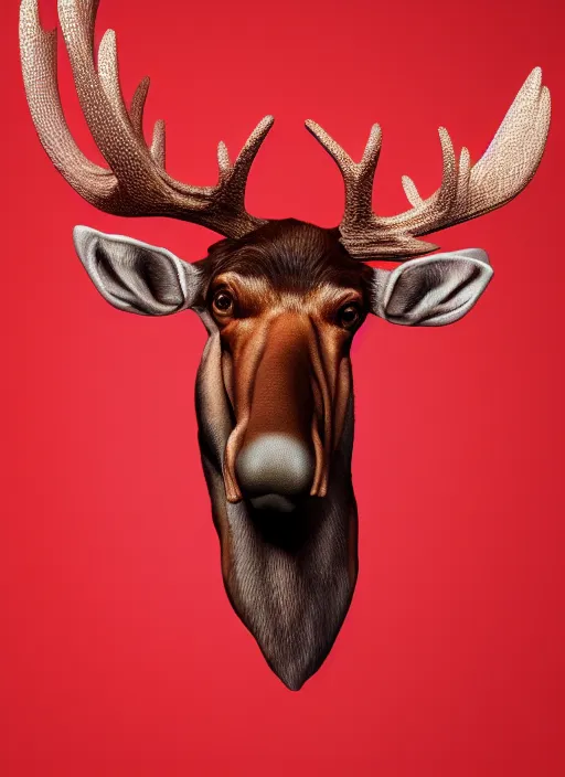Prompt: ( ( ( hyperrealist portrait of gangster moose ) ) ) by mike campau, head and torso, red background photorealistic, octane render, vibrant colors, unreal engine, dynamic lighting, perfect factions, very detailed faces, intricate detail, trending on artstation, poster, volumetric lighting, 4 k, award winning