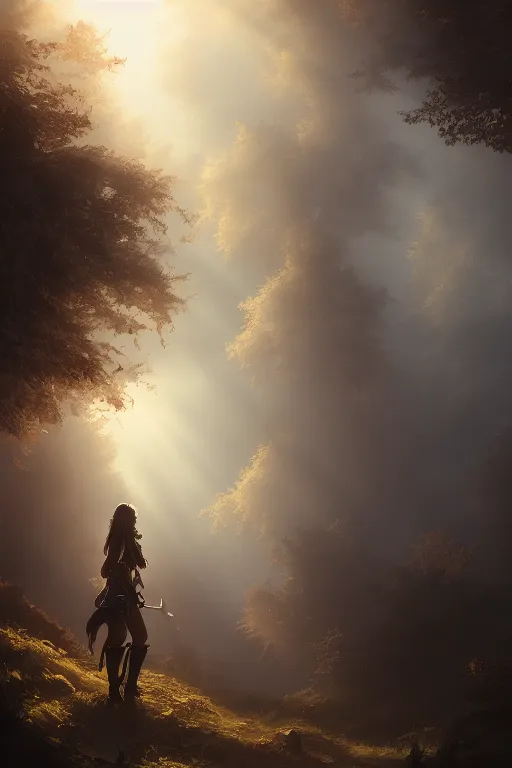 Image similar to Establishing shot, dramatic volumetric sunlight foggy atmospheric forest canopy scenery, girl clad in modest hide leather armor, hyperdetailed, artstation, cgsociety, 8k