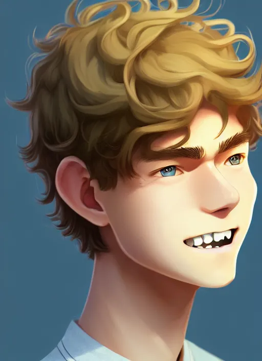 Prompt: young man with medium - length, curly, golden hair, perfectly proportioned face, aquamarine eyes, thin eyebrows, sweet smile, natural lighting, path traced, highly detailed, high quality, cartoon, digital painting, by new haicheng and studio ghibli